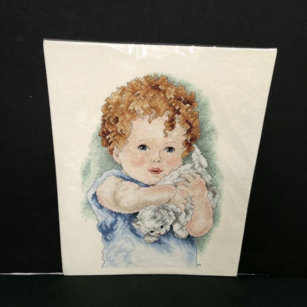 Handmade Completed Cross Stitch Child Holding Kitten Cat Nursery Wall Art
